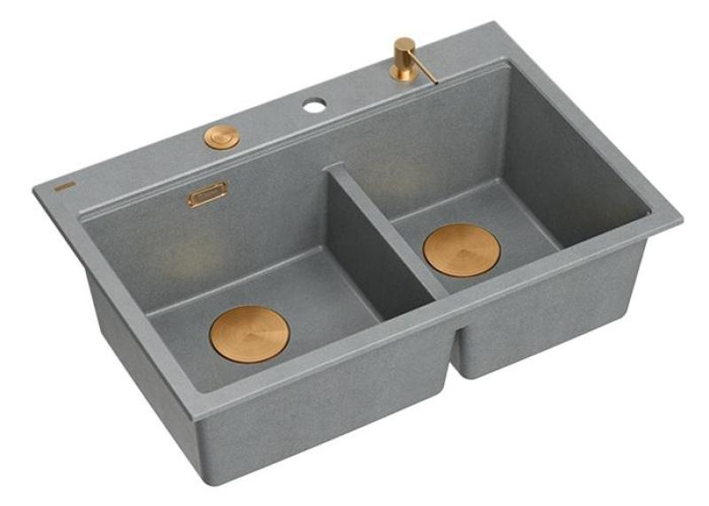 Quadri Hard Rock Dubbele Grijze Graniet Opbouw Spoelbak 76x50 cm met Koperen plug en accessoires 1208971389