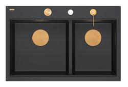 Quadri Hard Rock Dubbele Zwarte Graniet Opbouw Spoelbak 76x50 cm met Koperen plug en accessoires 1208971390