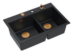 Quadri Hard Rock Dubbele Zwarte Graniet Opbouw Spoelbak 76x50 cm met Koperen plug en accessoires 1208971390