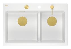 Quadri Hard Rock Dubbele Witte Graniet Opbouw Spoelbak 76x50 cm met Gouden plug en accessoires 1208971392