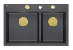 Quadri Hard Rock Dubbele Antraciet Graniet Opbouw Spoelbak 76x50 cm met Gouden plug en accessoires 1208971393