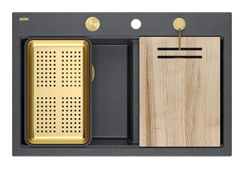Quadri Hard Rock Dubbele Antraciet Graniet Opbouw Spoelbak 76x50 cm met Gouden plug en accessoires 1208971393