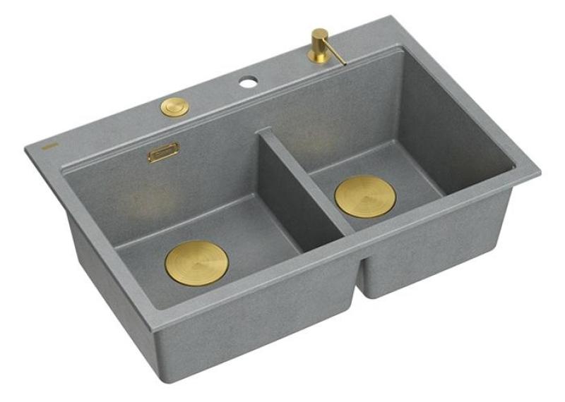 Quadri Hard Rock Dubbele Grijze Graniet Opbouw Spoelbak 76x50 cm met Gouden plug en accessoires 1208971394