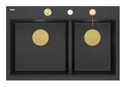 Quadri Hard Rock Dubbele Zwarte Graniet Opbouw Spoelbak 76x50 cm met Gouden plug en accessoires 1208971395