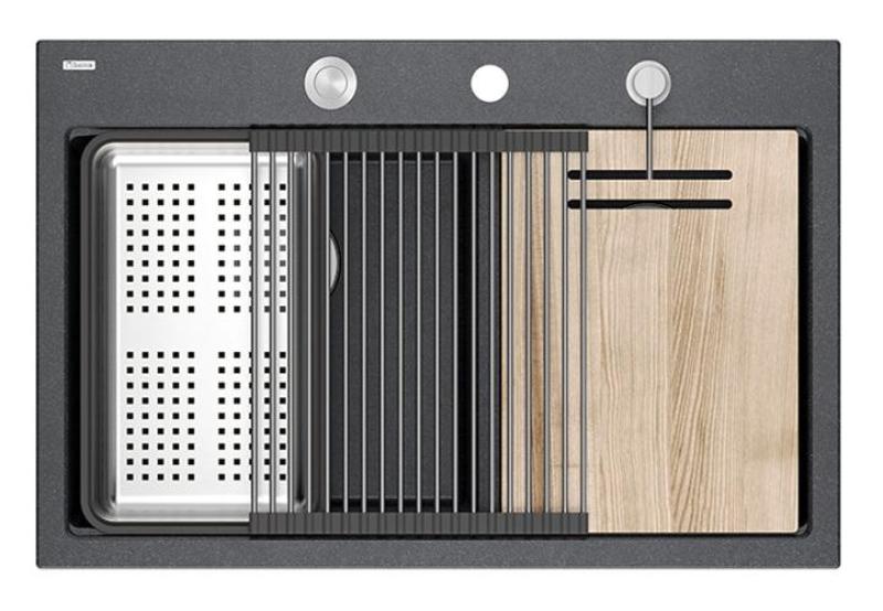 Quadri Hard Rock Dubbele Antraciet Graniet Opbouw Spoelbak 76x50 cm met RVS plug en accessoires 1208971399