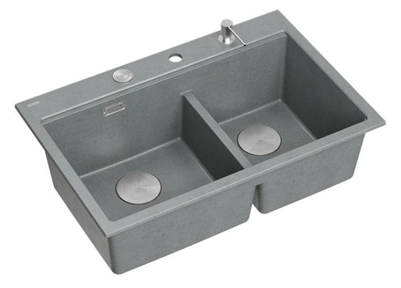 Quadri Hard Rock Dubbele Grijze Graniet Opbouw Spoelbak 76x50 cm met RVS plug en accessoires 1208971400