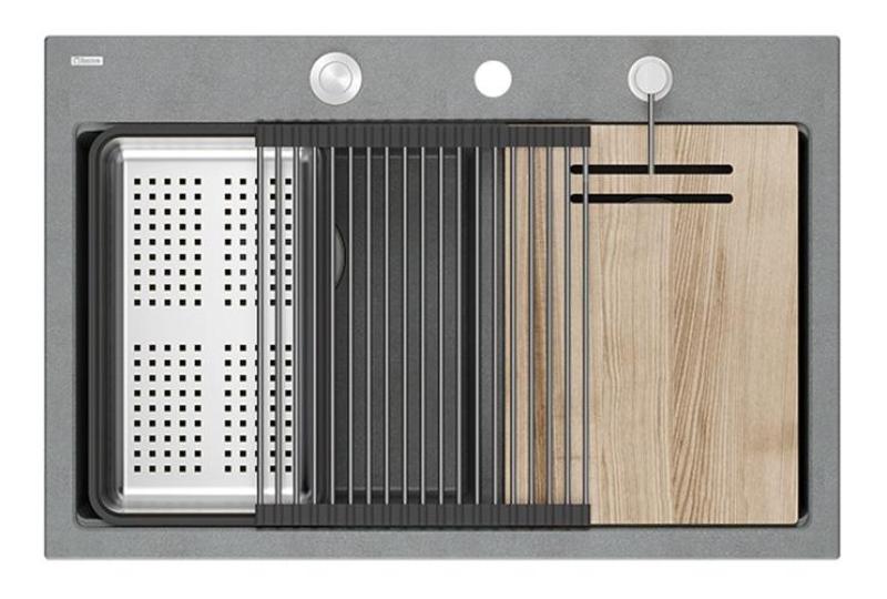 Quadri Hard Rock Dubbele Grijze Graniet Opbouw Spoelbak 76x50 cm met RVS plug en accessoires 1208971400