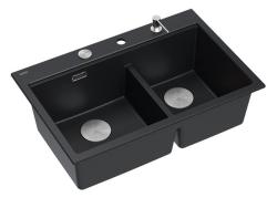 Quadri Hard Rock Dubbele Zwarte Graniet Opbouw Spoelbak 76x50 cm met RVS plug en accessoires 1208971401
