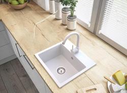 Graniteland Nera Granieten Spoelbak 45x42 cm Witte Opbouw met Kraangatbank en RVS Plug 1208971435