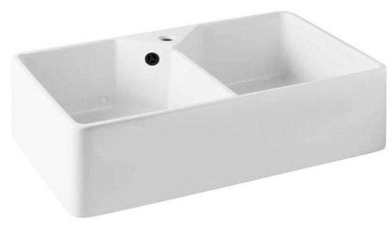 Ausmann Ceramic Mira Keramische Witte Dubbelle Spoelbak - Onderbouw en Tussenbouw 793 x 450 mm met kraangatbank en Zwarte plug 1208971479