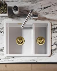 Ausmann Ceramic Ember Keramische Witte Anderhalve Spoelbak Opbouw en Onderbouw 535 x 400 mm met Gouden pluggen 1208971506