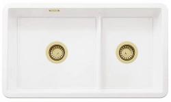 Ausmann Ceramic Ember Keramische Witte Anderhalve Spoelbak Opbouw en Onderbouw 733 x 401 mm met Gouden pluggen 1208971518