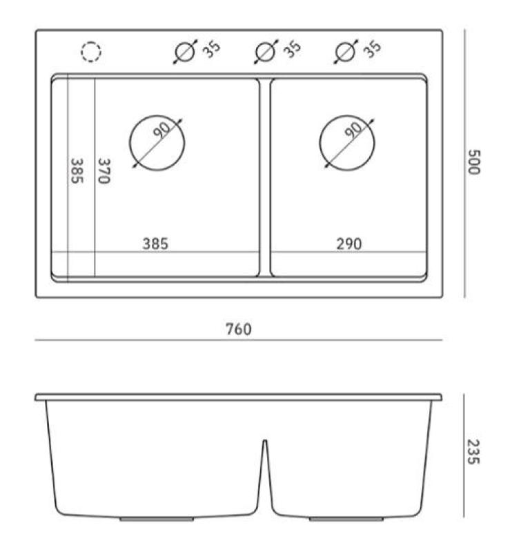 Quadri Hard Rock Dubbele Beige Graniet Opbouw Spoelbak 76x50 cm met Koperen plug en accessoires 1208971726