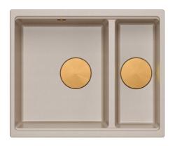 Quadri Newport II beige 1,5 spoelbak graniet opbouw en onderbouw spoelbak 555x460mm met koperen plug 1208971767
