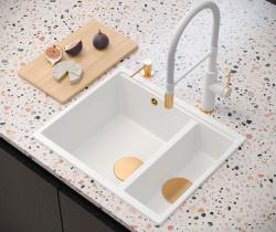 Quadri Newport II beige 1,5 spoelbak graniet opbouw en onderbouw spoelbak 555x460mm met koperen plug 1208971767