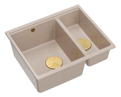 Quadri Newport II beige 1,5 spoelbak graniet opbouw en onderbouw spoelbak 555x460mm met gouden plug 1208971768