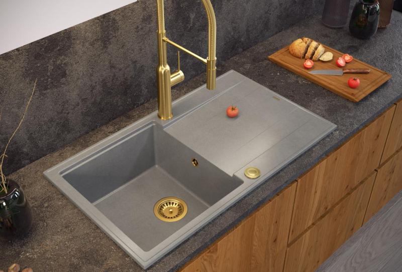 Quadri Luton pearl beige granieten opbouw spoelbak met afdruipvlak omkeerbaar 86x50cm met gouden plug 1208971778