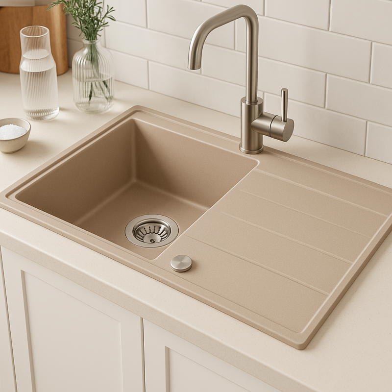 Quadri Luton pearl beige granieten opbouw spoelbak met afdruipvlak omkeerbaar 86x50cm met rvs plug 1208971779
