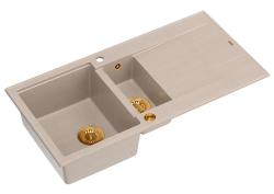 Quadri Luton pearl beige granieten opbouw 1,5 spoelbak met afdruipvlak omkeerbaar 100x50cm met koperen plug 1208971792