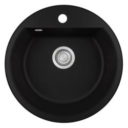 GraniteMy Bremen ronde granieten spoelbak 43 cm zwart, opbouw en onderbouw, met kraangatbank en automatische rvs plug 1208971840