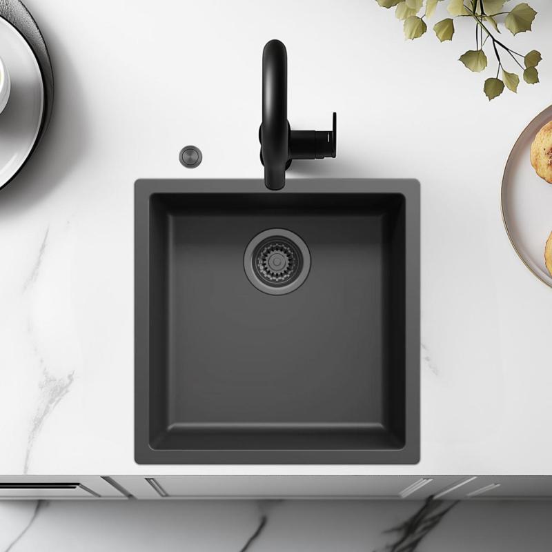 Ausmann Fibre zwarte spoelbak 40x40cm onderbouw, opbouw en vlakinbouw met automatische gun metal plug 1208971854