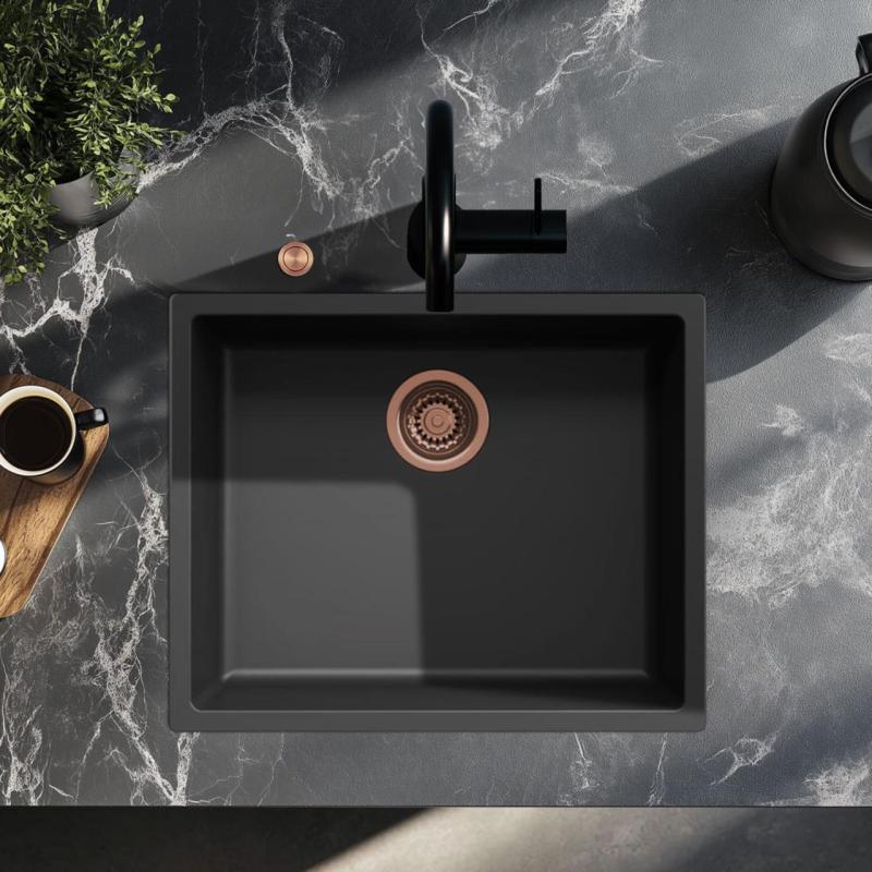 Ausmann Fibre zwarte spoelbak 50x40cm onderbouw, opbouw en vlakbouw met automatische koperen plug 1208971858