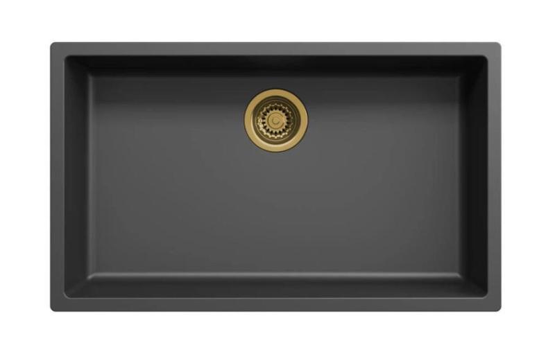 Ausmann Fibre zwart grote spoelbak 70x40cm onderbouw, opbouw en vlakbouw met automatische gouden plug 1208971864