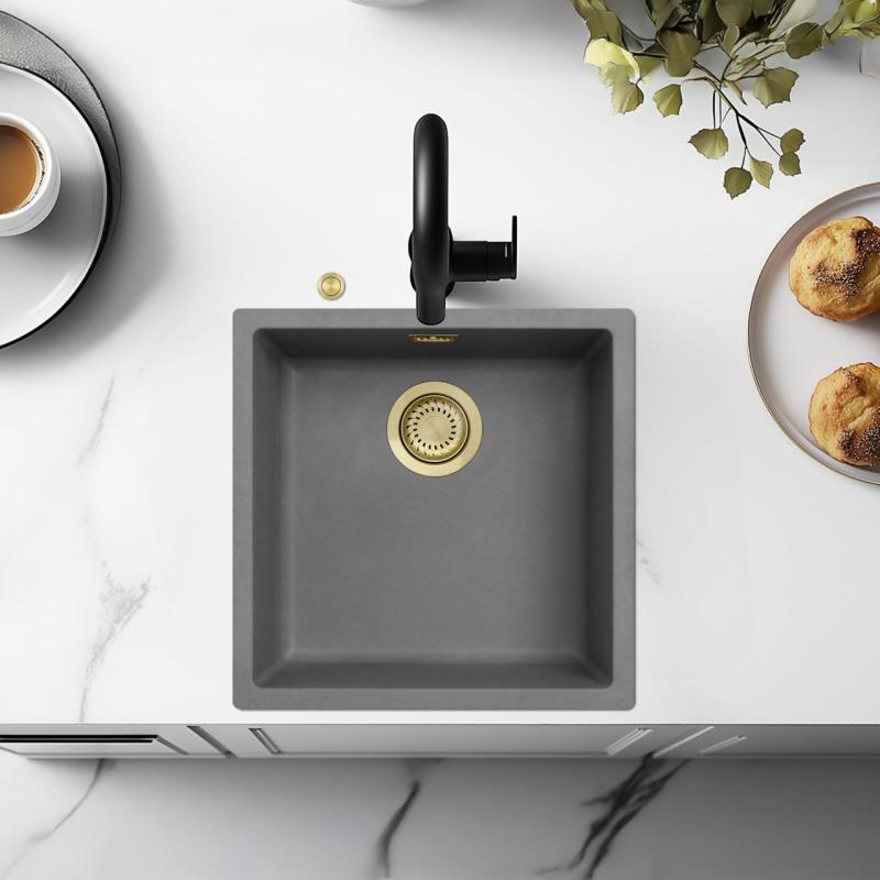 Ausmann Fibre beton grijze spoelbak 40x40cm onderbouw, opbouw en vlakinbouw met automatische gouden plug 1208971913