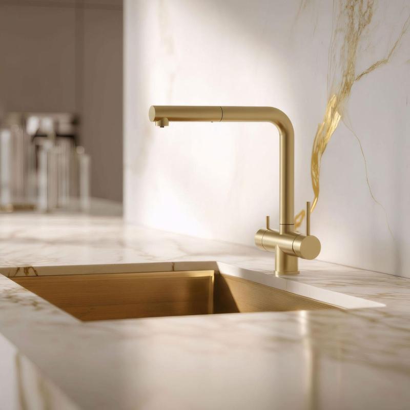 Pure.Sink Elite Steel Clear-S PVD geborsteld goud 3-weg Keukenkraan met Uittrekbare Uitloop en Gefilterd Water PS8120-60