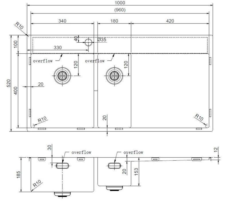 Pure.Sink Exclusivo RVS 1,5  spoelbak met afdruipgedeelte 100x52 cm Tapwing links PEX3418100LT-02
