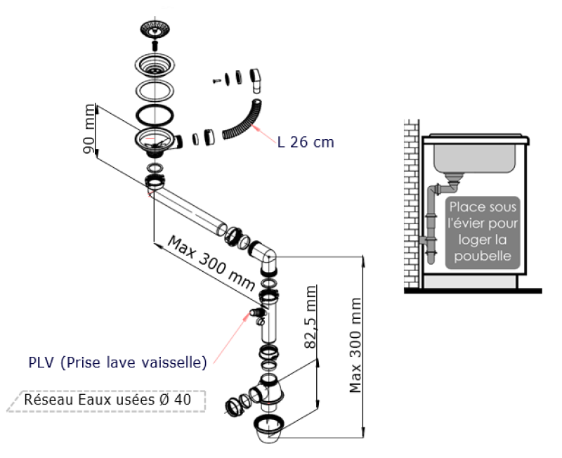 Ausmann Afvoerset rvs met ronde overloop incl. sifon voor enkele spoelbak 1208972186