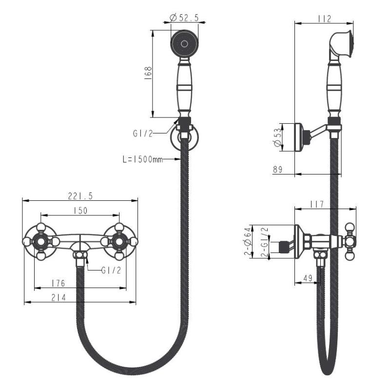 Aquanello Heritage Ascot Klassieke Opbouw Douchekraanset met Sterknoppen RVS inclusief Handdouche NB-2002-HA