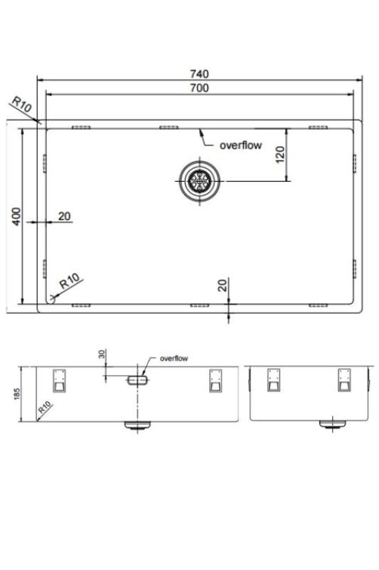 Licht bekrast Pure.Sink Exclusivo grote Koperen spoelbak 70x40 cm 10mm radius onderbouw, vlakinbouw en opbouw PEX7040-62
